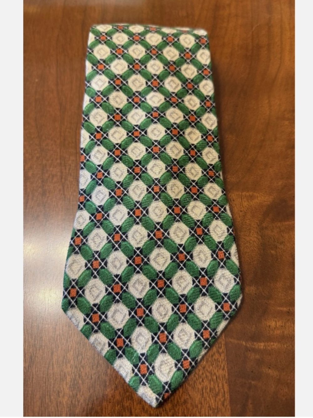 Ermenegildo Zegna Silk Tie Green Orange Dot Grid, Made in Italy